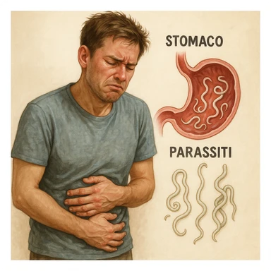 realistic medical illustration of a person looking frustrated and tired, holding their stomach, with a stylized cross-section of the stomach showing parasites, educational and respectful, Italian labels, no explicit details sticker