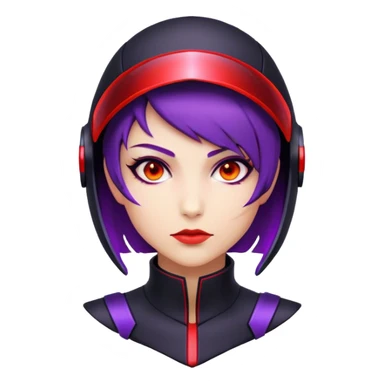 A futuristic assassin with a sleek black suit, short purple hair, and glowing red visor sticker