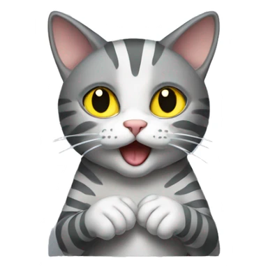 A striped gray cat with yellow eyes licks its paw sticker
