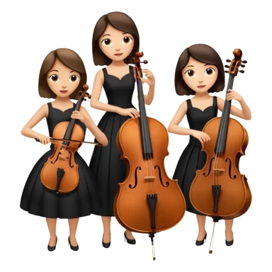 Create an imagine of three brunette women playing string instruments in black dresses, the first is playing a cello, the second is playing a viola and the third is playing the violin sticker