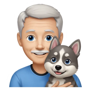 A 60 year old man with blue eyes and short light gray hair and no mustache and slightly big ears, holding a single black and white husky dog with floppy ears and white tuft eyebrows, both smiling sticker