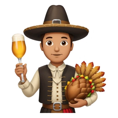 Mexican man dressesd as  Thanksgiving pilgram holding a large drumstick and Corona beer sticker