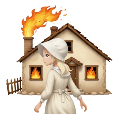 handmaids tale style woman burning house down walking away from house. shes wearing the nun hands maid tale hat cant see her face sticker