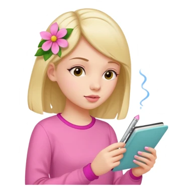 girl taking notes in pink thones and smell a fragance sticker