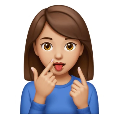 Basic emoji girl biting her nails, but in a flirty ways, a bit darker skin ( not so brown), brown hair and only one pointing finger sticker