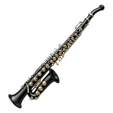 Create an elegant and detailed emoji representing a clarinet. The design should feature the sleek, black wood finish of the clarinet with its shiny metal keys clearly visible. Highlight the intricate details, such as the bell at the end and the carefully crafted mouthpiece with the reed. Use black wood tones for the body of the instrument and silver or brass accents for the keys. Add subtle musical notes or soundwaves floating around the instrument to evoke the smooth, melodic sound of the clarinet. The background should be transparent. sticker