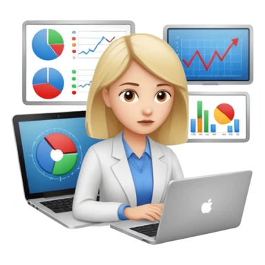 girl analyst with a laptop and a diagram sticker