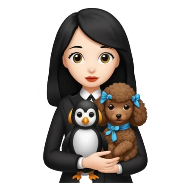 A girl who has long hair and looks like a penguin holds a brown poodle sticker