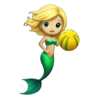 Underwater blond mermaid swimming with fins, snorkel equipement, holding a small yellow ball, looking strong and fighting sticker