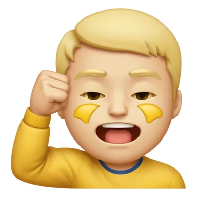 Regular yellow face emoji biting his lip with his eyes closed while having a fist a the lower part of his face and doing the frat flick with his other hand sticker