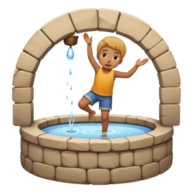 Create a clean emoji-style icon showing a small child falling into a round stone water well. The well must be clearly recognizable: circular stone rim, dark opening. Show the child mid-air, tilted downward above the well with simple motion lines. sticker