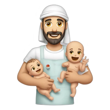 smiling-arab-bearded-man-holding-crying-baby-and-kitchen-tool sticker