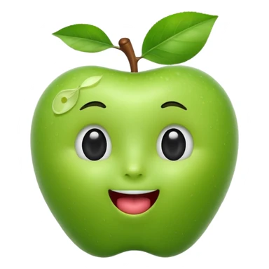 3D iOS-style emoji of a green apple with a cute human face: glossy, soft shading, big black eyes, tiny nose, open mouth with tongue, stem and leaf on top, white background sticker