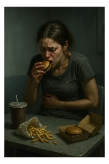 realistic illustration of a woman showing marked emotional eating during menstrual cycle, nervous gestures, contracted posture, clinical atmosphere, dramatic lighting, no text, 2:3 aspect ratio sticker