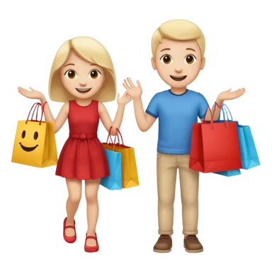 HAPPY SMILEY FACE BOY AND GIRL WITH HANDS AND FEET EMOJI WITH SHOPPING BAGS IN EACH HAND sticker