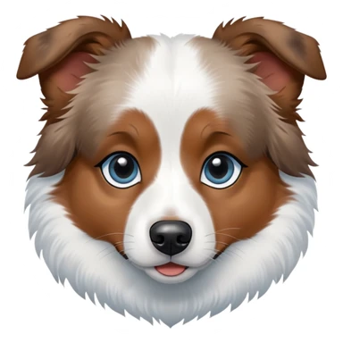 A mini Australian shepherd with white hair and black spots over her eyes. One eye is light blue, and the other is brown sticker