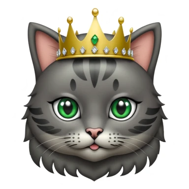Gatito gris oscura con rayas negras ojos verdes vestida de reina con coronas y diamantes, más peluda y gordura  sticker