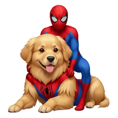 Golden Retriever laying on top of Spider-Man sticker