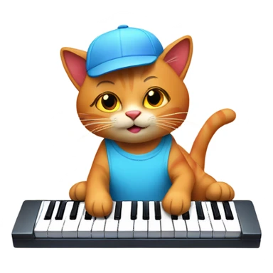 tan-red cat wearing a light-blue t-shirt and a blue base cap taps musical keyboard sticker