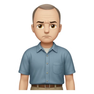 Carl from Sling Blade, serious expression, recognizable features, chin sticking out, slouching posture, no glasses, shirt with collar,  side view,show his entire body, he is standing. three-quarter face angle. He sticks his head forward. change face style sticker