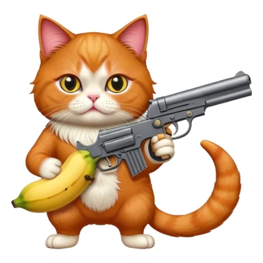 A persian red hair cat with a gun on the left hand and a banana on the right hand sticker