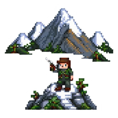 Small pixelated character with a gun shooting at a mountain with enemies sticker