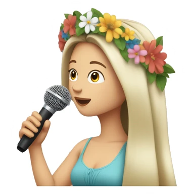 long haired white brunette woman wearing a sundress and a flower crown singing into a microphone sticker