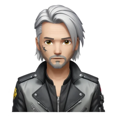 Jony Silverhand from Cyberpunk 2077, action pose, futuristic city background sticker