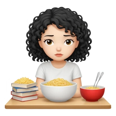 generate a pretty bratz fair skinned girl with curly black hair wearing a white tshirt sitting on a table with noodles and books. looking sleepy and tired and sad sticker