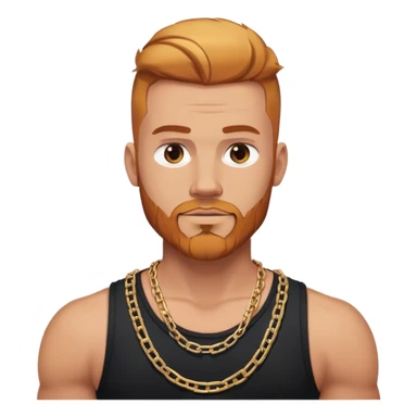 Buff guy selfie with thick chain link necklace and reddish blonde hair and beard with shaved sides of head and blond highlights on top in black tank top sticker