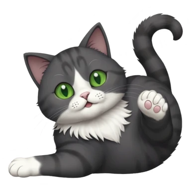 solid dark grey cat with green eyes, white toes/paws and white patch on her chest playfully rolling upside down sticker