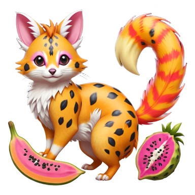 Hyper realistic  tropical-fruit-splash-colored fur, papaya-orange, and dragonfruit-pink chaos beautiful elegant pretty precious cute  Fakémon-Pokémon-opossum-feline-serval-caracal-chinchilla-Furret-Minccino-hybrid-creature with a big fluffy bushy tail (full body) sticker