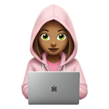 a girl with brown long hair, fair skin, green eyes, is working relaxed at a modern laptop in a monochrome pale pink zip hoodie with a hood and a pink monochrome T-shirt sticker