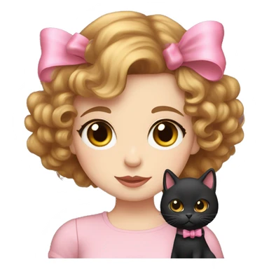 A girl with gold hazel eyes pale skin and curly brown hair holding a black cat with a pink bow on her hat the girl is wearing a black shirt sticker