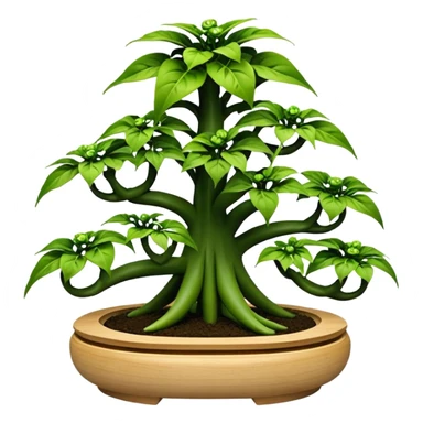 Very Large decorative alien-futuristic multi-tier multi-level photo-efficient plant rack, which holds bonsai pepper plants, constructed from plywood sticker