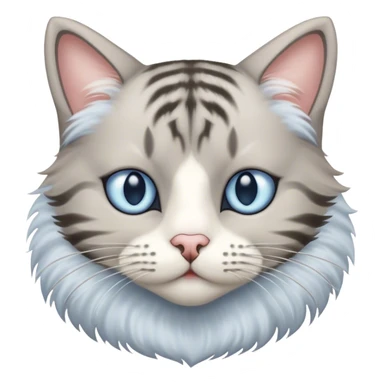 Striped gray-beige cat with thick wool of medium length, big light blue eyes and white fur around them and on the muzzle sticker