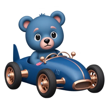 dark blue and rosegold-accented  retro racing car driven by furry-faced small evil scary teddy bear with rear spoiler and wheely bar sticker