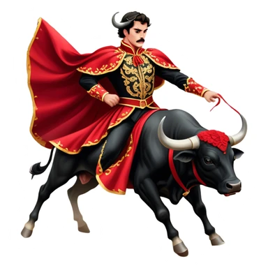 ​Cinematic Realistic Spanish Matador in Action, depicted in an ornate traje de luces with a flowing red cape, captured in the dramatic moment of confronting a charging bull in a traditional bullring, rendered with dynamic motion and dramatic lighting that encapsulates the intensity and artistry of the spectacle, sticker