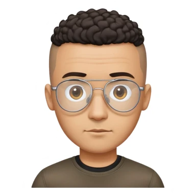 Latino man with small oval face and big forehead, clear lens aviator-style eyeglasses with metal frames, completely bald/shaved sides with very short curly dark hair only on top of head, neutral-friendly expression, light brown skin, wearing a black t-shirt sticker