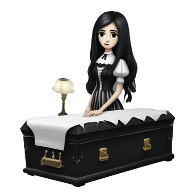 A gothic-style girl with long black hair in a black coffin with a white cushioned interior. She wears a striped black-and-white dress. Nearby is a white desk with dark books and an antique lamp. sticker