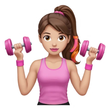 girl with wavy long ponytail brown hair, brown eyes, light to medium complexion, long lashes, light pink lipstick, wearing light pink shirt, lifting pink dumbbells in a sports top sticker