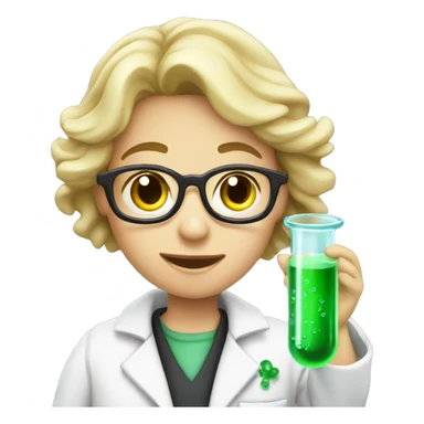Student wearing a lab coat with a test tube containing green bubbly liquid sticker