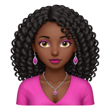 Dark skin girl with long black curly hair with 4 edges 2 on each side wearing a hot pink v-cut neckline shirt with a simple silver necklace sticker