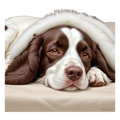 Meme-Worthy Cute Sleeping Springer Spaniel Portrait Emoji, Head resting peacefully with a contented smile, showcasing a delightfully agile build and a luxuriously soft liver and white Fur, eyes shut in a serene nap, Simplified yet hilariously adorable features, highly detailed, glowing with a soft, drowsy light, high shine, relaxed and utterly lovable, stylized with an air of playful laziness, bright and heartwarming, soft glowing outline, capturing the essence of a comically sleepy companion, so meme-worthy it feels like it could instantly become the next viral sensation of adorable slumber! sticker