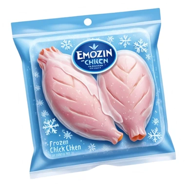 A pack of frozen chicken breasts sealed in transparent plastic packaging, covered with frost and ice crystals. The meat looks pale pink with a slight icy glaze, sitting in a freezer with cool blue lighting. Realistic detail, cold atmosphere, food photography style. sticker