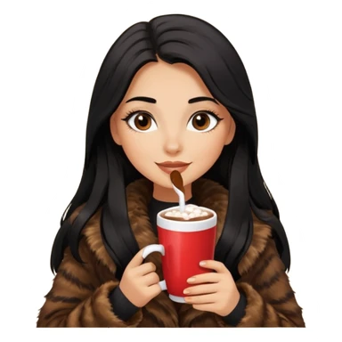 Tanned Girl with lashes , bright black long hair, in an extremely big fluffy brown fur mustang, and drinking hot chocolate drink sticker