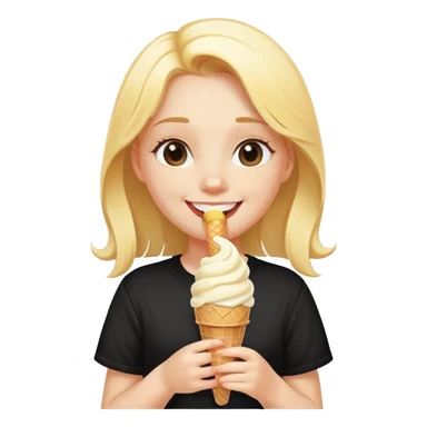 girl slurping one vanilla ice cream cone smiling with a black shirt on sticker