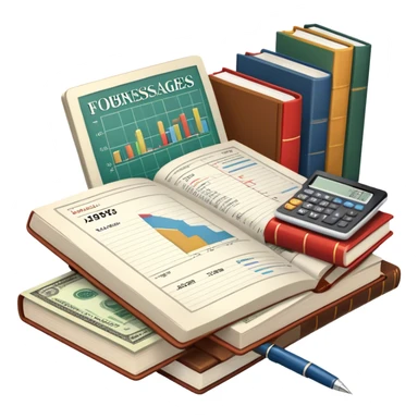 Icon for Business Reading: an open book with graphs, numbers, percentages, formulas, and text on the pages, next to a stack of books, a pile of dollars, a calculator, a pen, and business magazines like Forbes. Transparent background. sticker