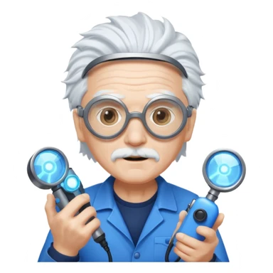 A quirky old inventor with wild white hair, goggles, and a glowing gadget in hand.
 sticker