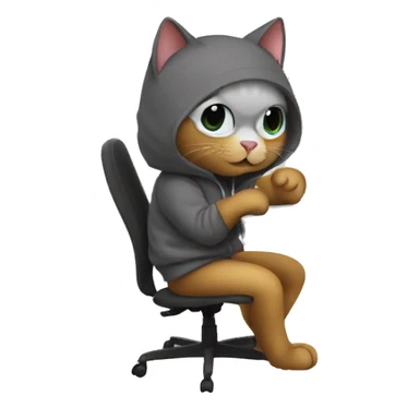 cat is a graphic designer in a hoodie and headphones, working at a computer in photoshop sticker